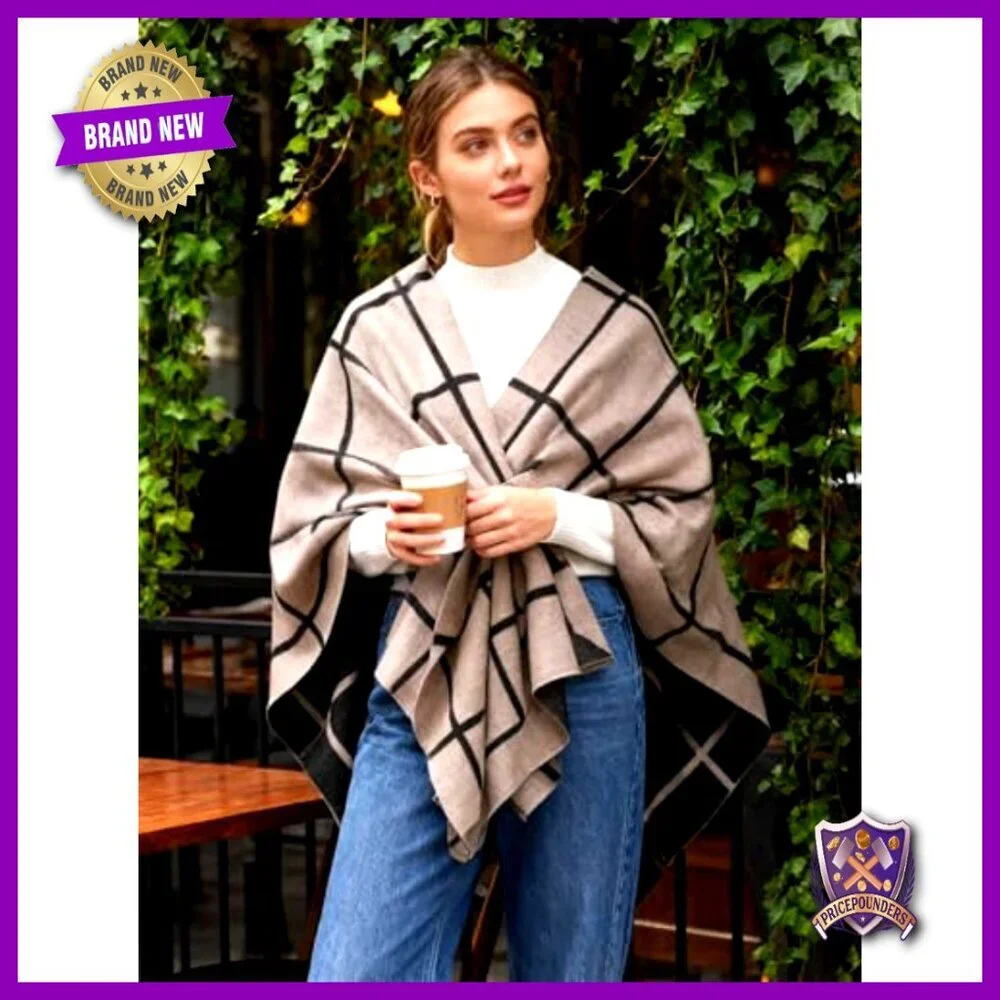Classic Check Poncho Shawl Wrap Elegant Cashmere-Like Viscose Polyester Cape